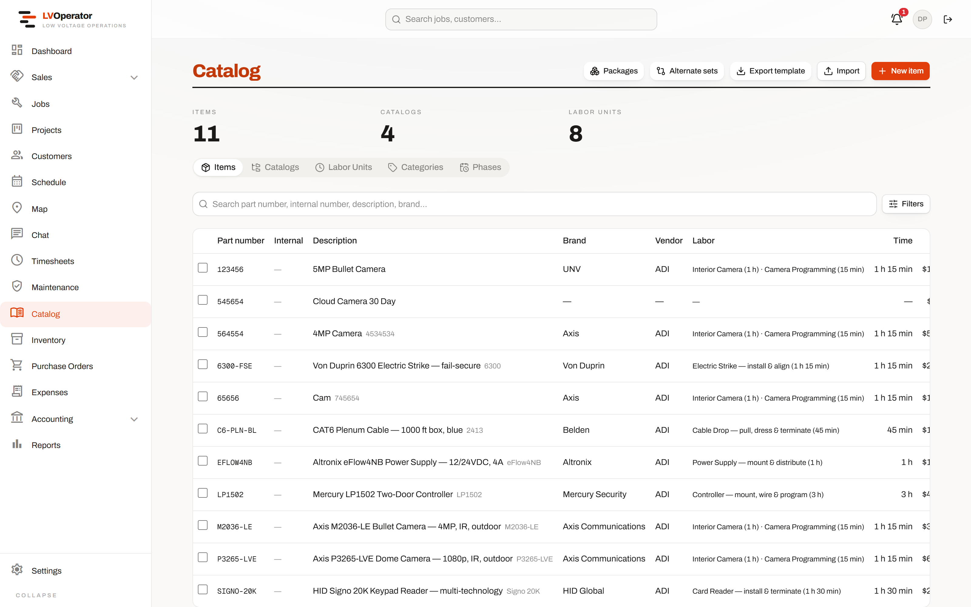The parts and labor catalog, with part numbers, manufacturers, costs and sell prices