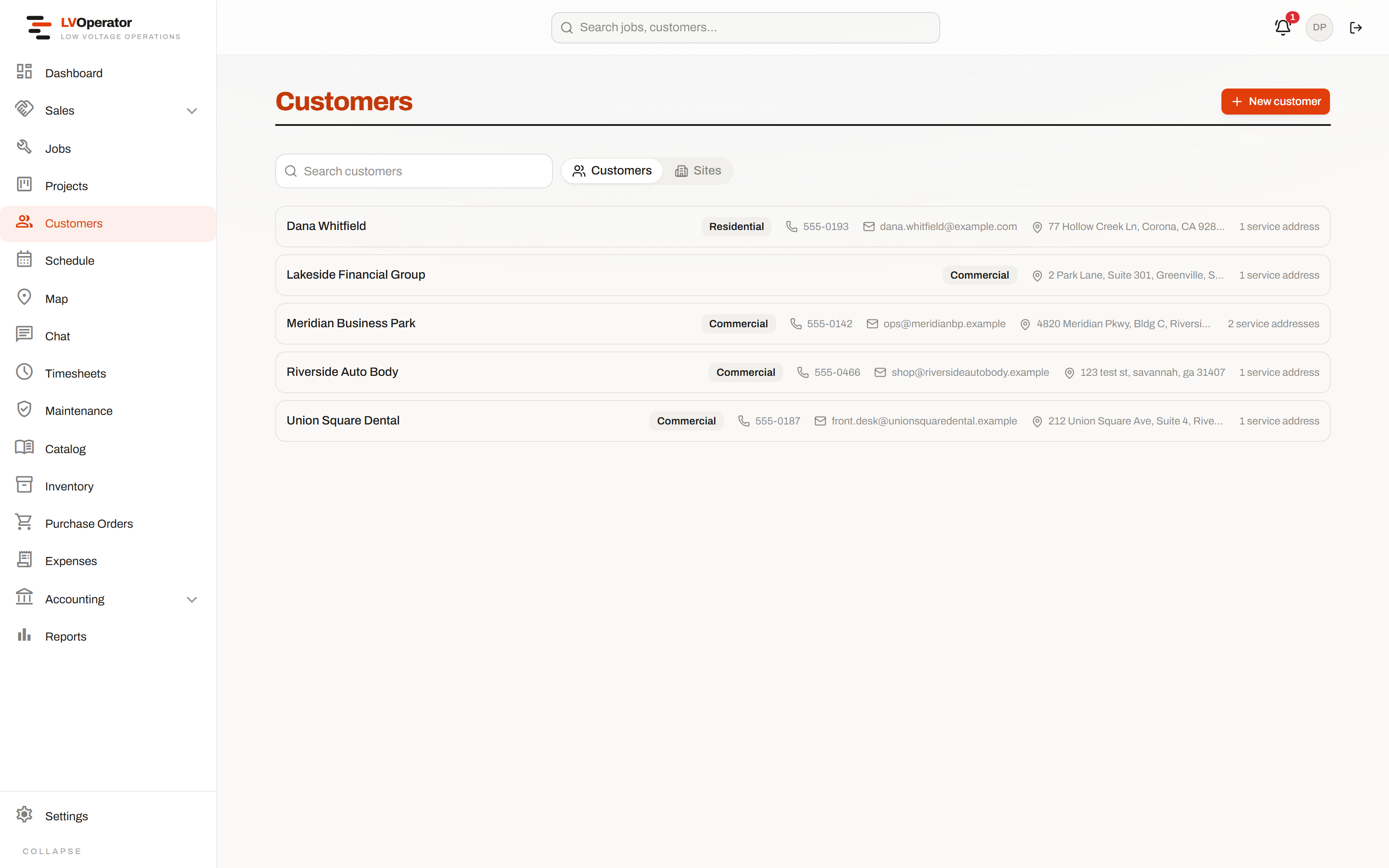 The customer list, with accounts, sites and balances