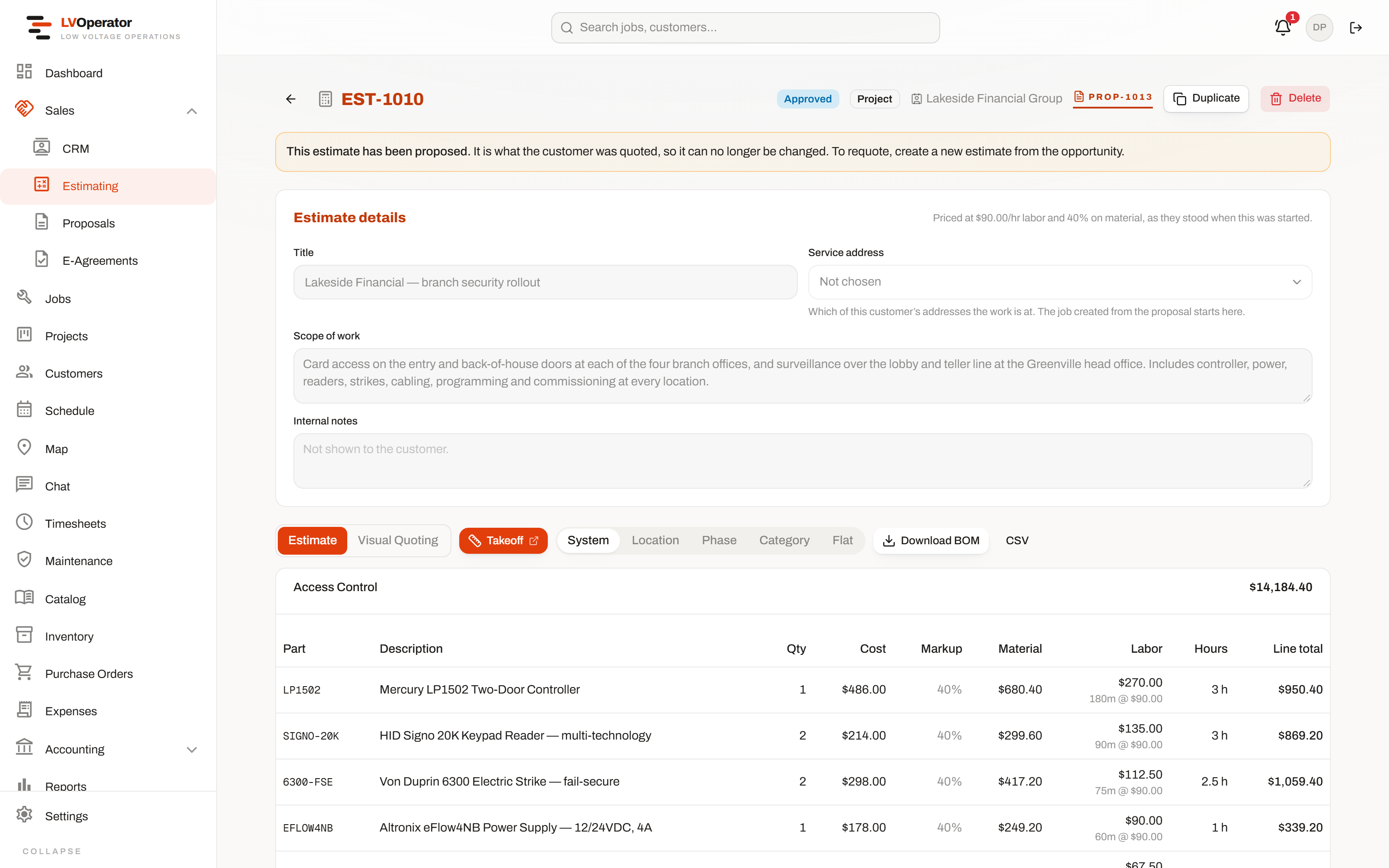 The estimate sheet: systems, parts, cost, markup, labor and line totals