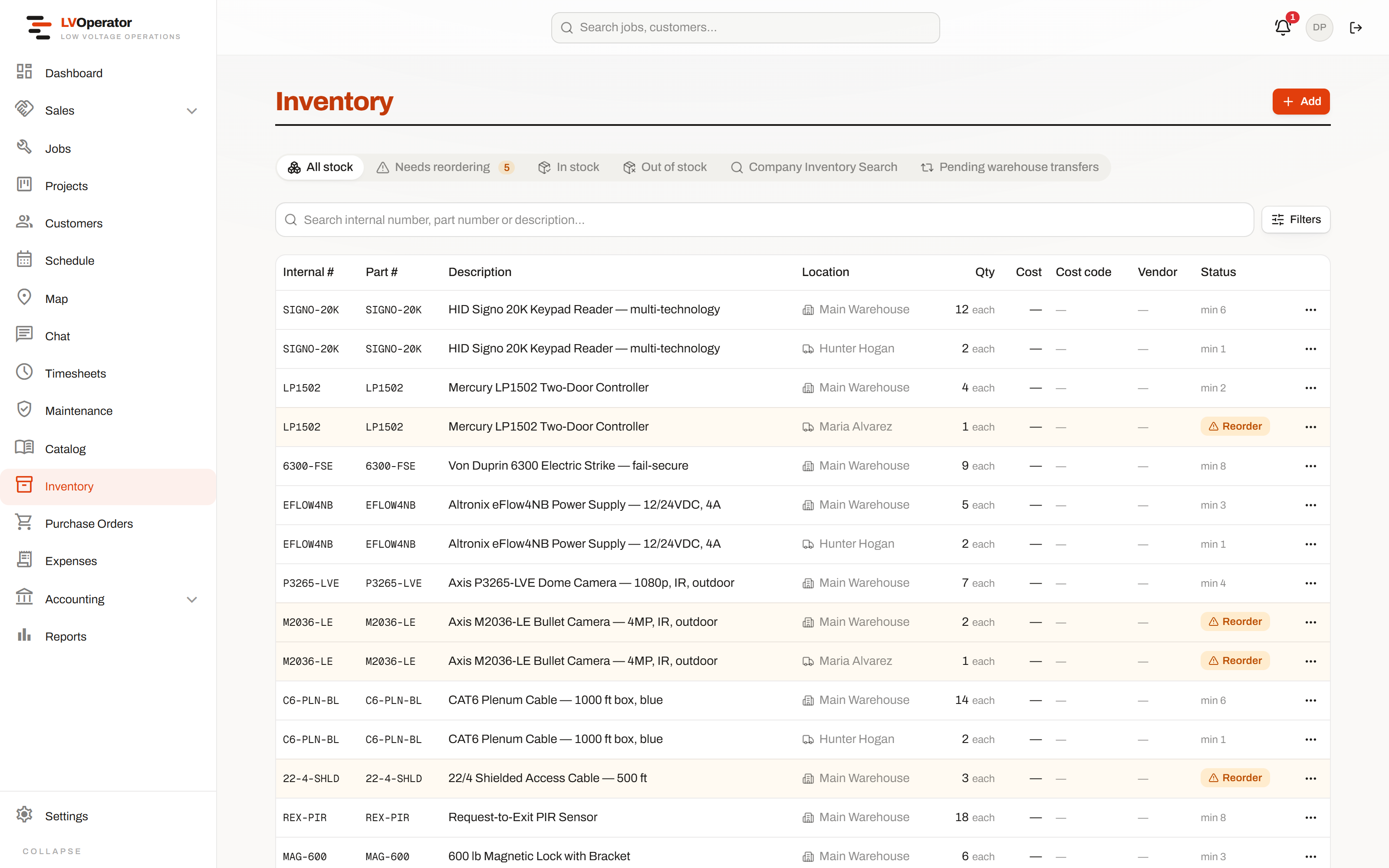 The inventory table, showing parts across vans and warehouses with quantities and reorder levels