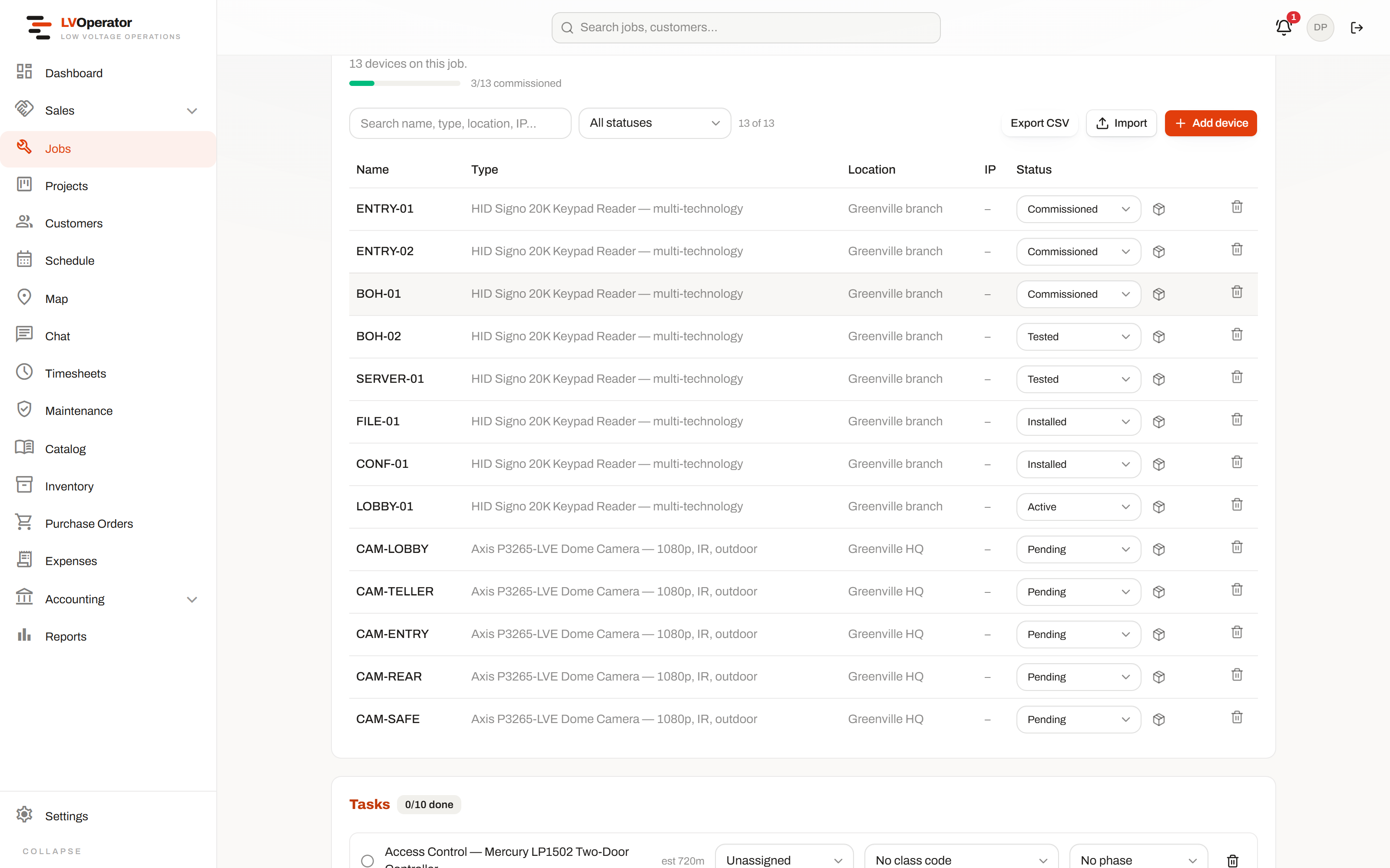 The device register on a job, with per-device commissioning status