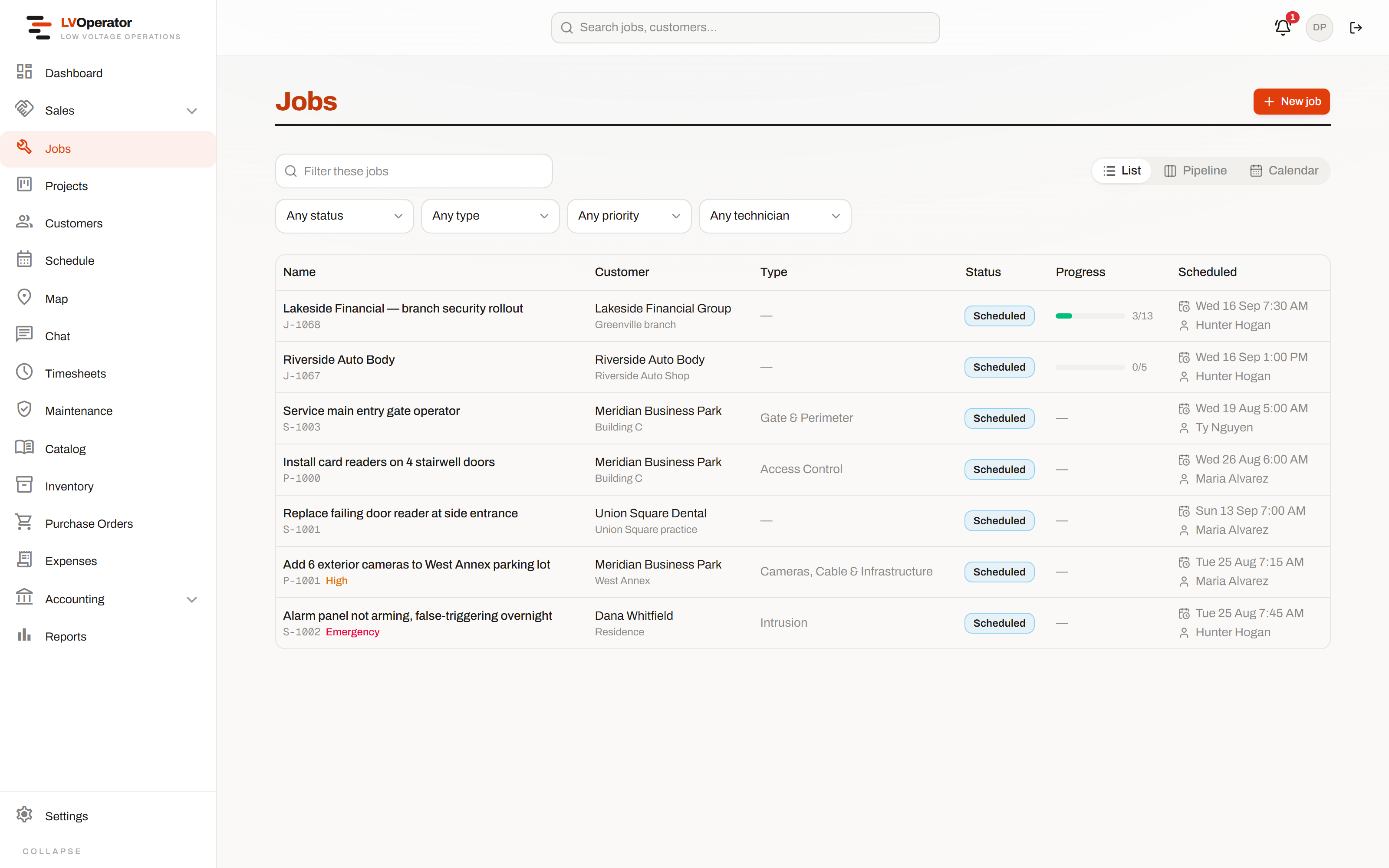 The jobs list, filterable by status, customer and technician