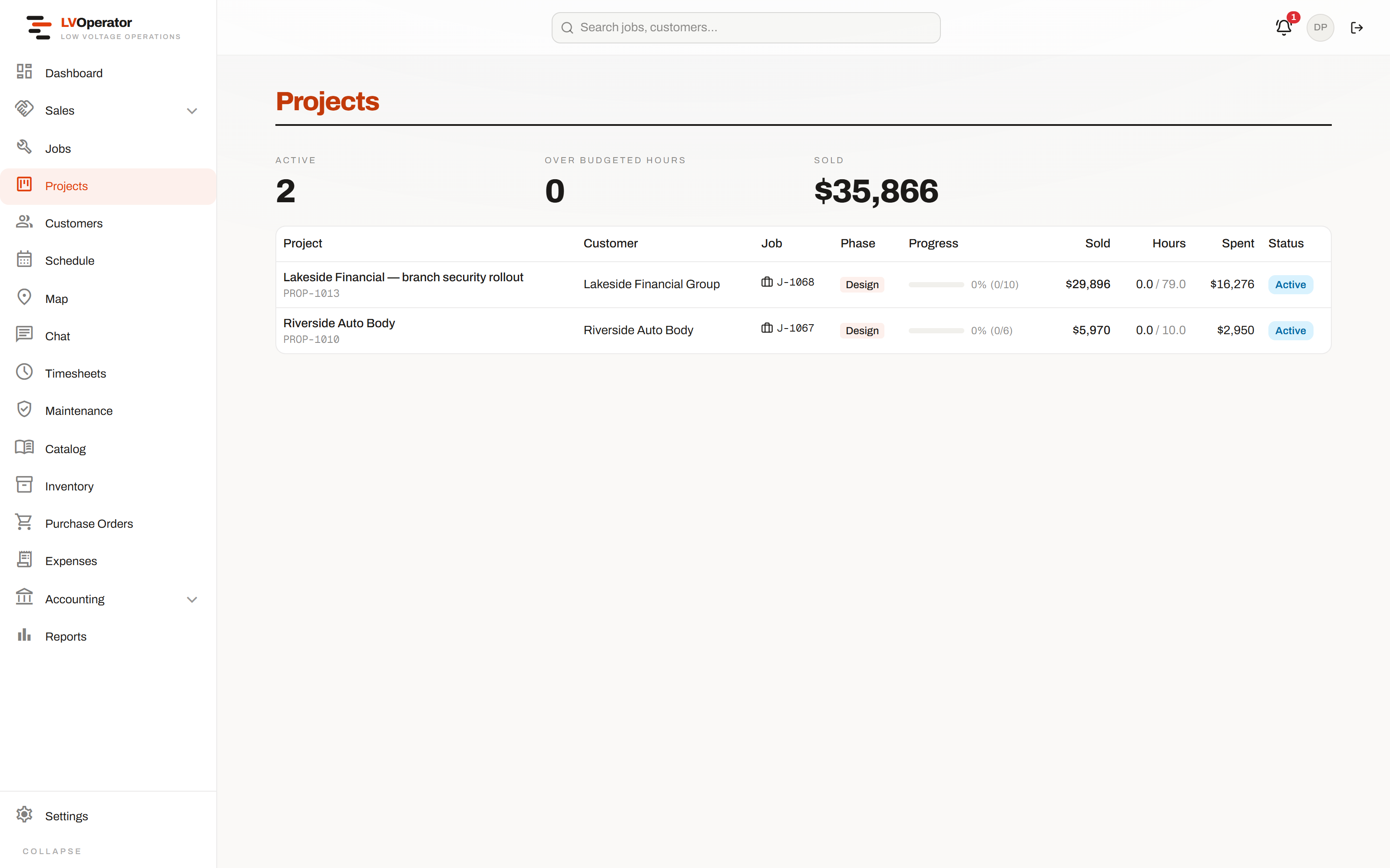 The projects list, with phases and contract values