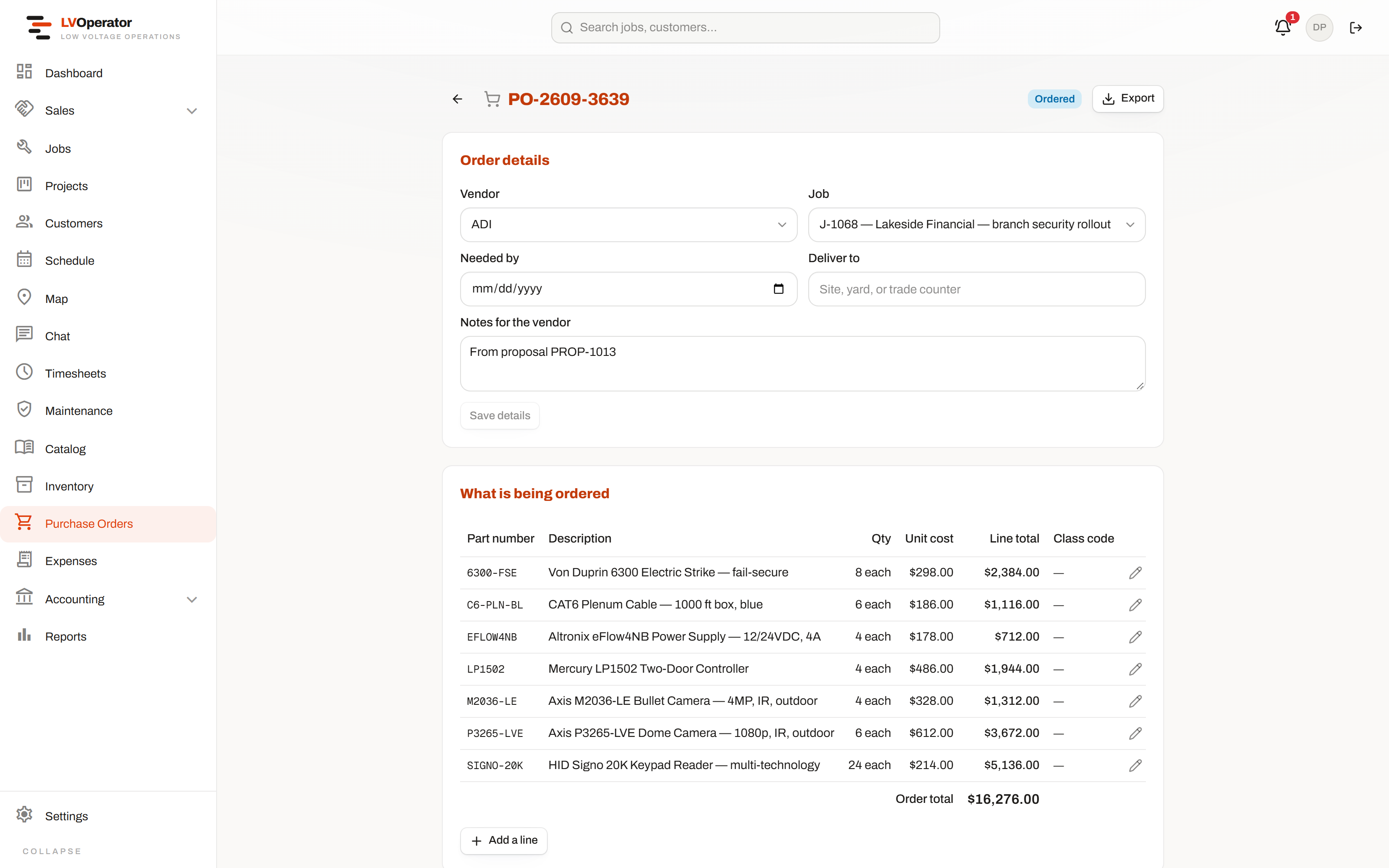 A purchase order: vendor, line items, approval routing and status