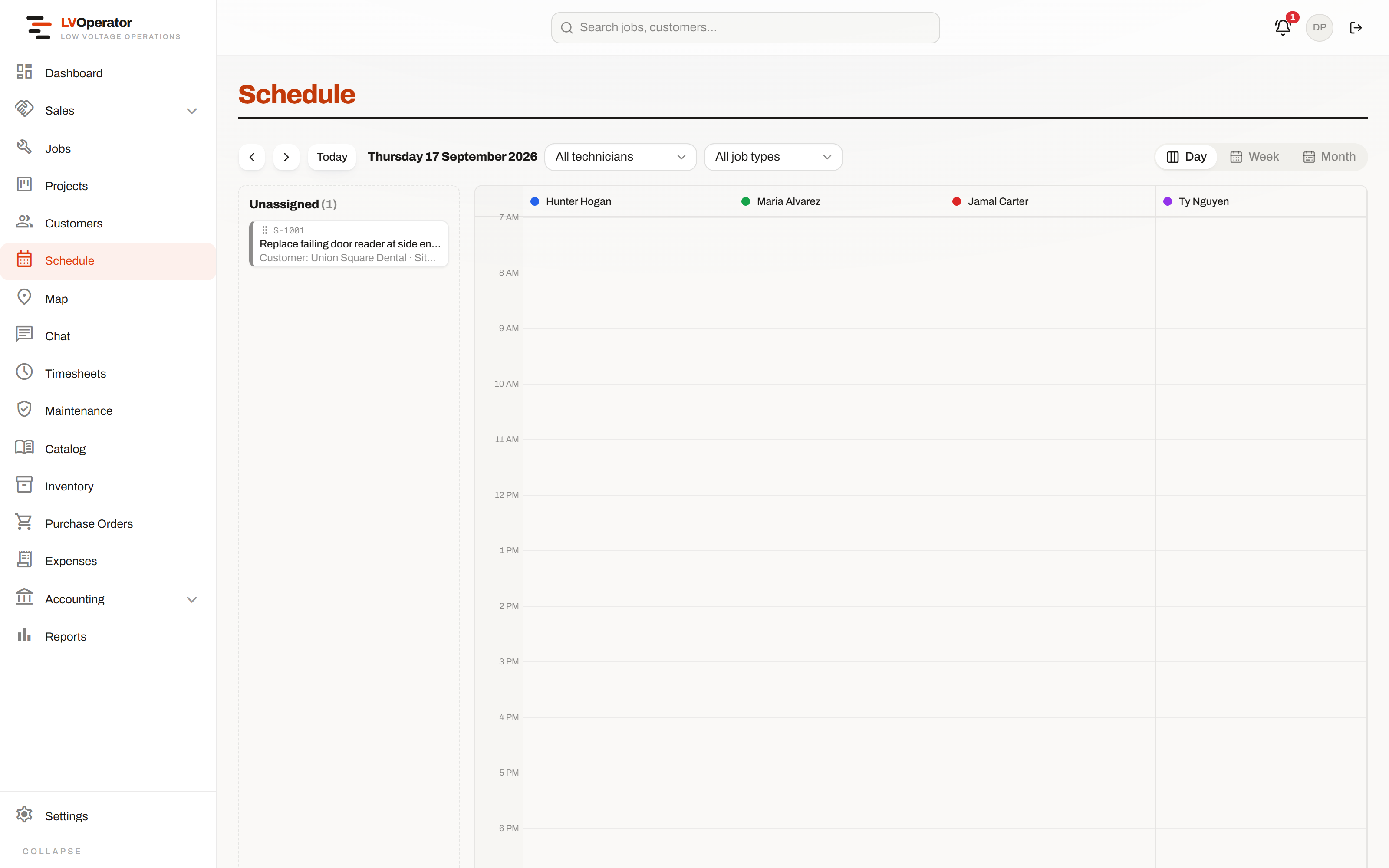 The dispatch board, with visits placed against technicians across the day