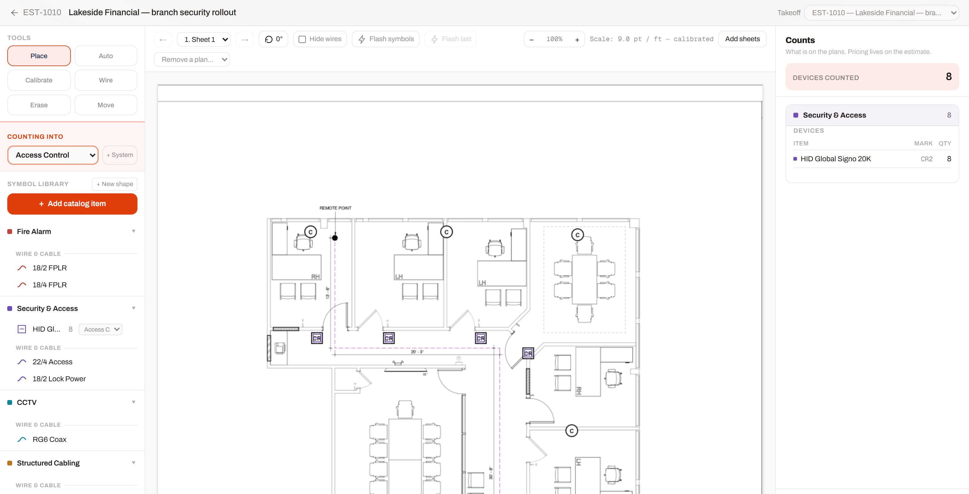 Plan takeoff: a floor plan marked with card-reader symbols, the catalog symbol library on the left and a live device count on the right