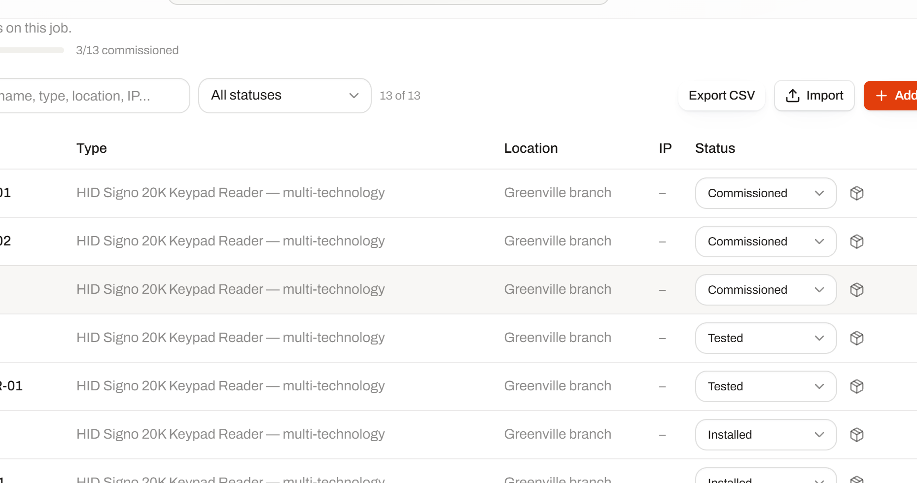 The device register on a job, each device with its own commissioning status