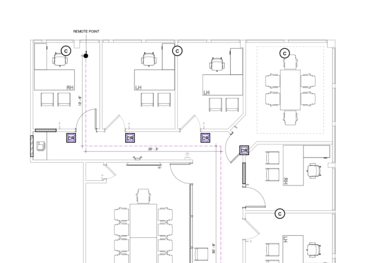 A floor plan in LVOperator, card readers counted at each office door and cameras over the open areas